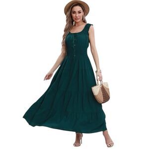 🌹OSTOO BOHO SLEEVELESS TIERED FLOWY DARK TEAL GREEN DRESS